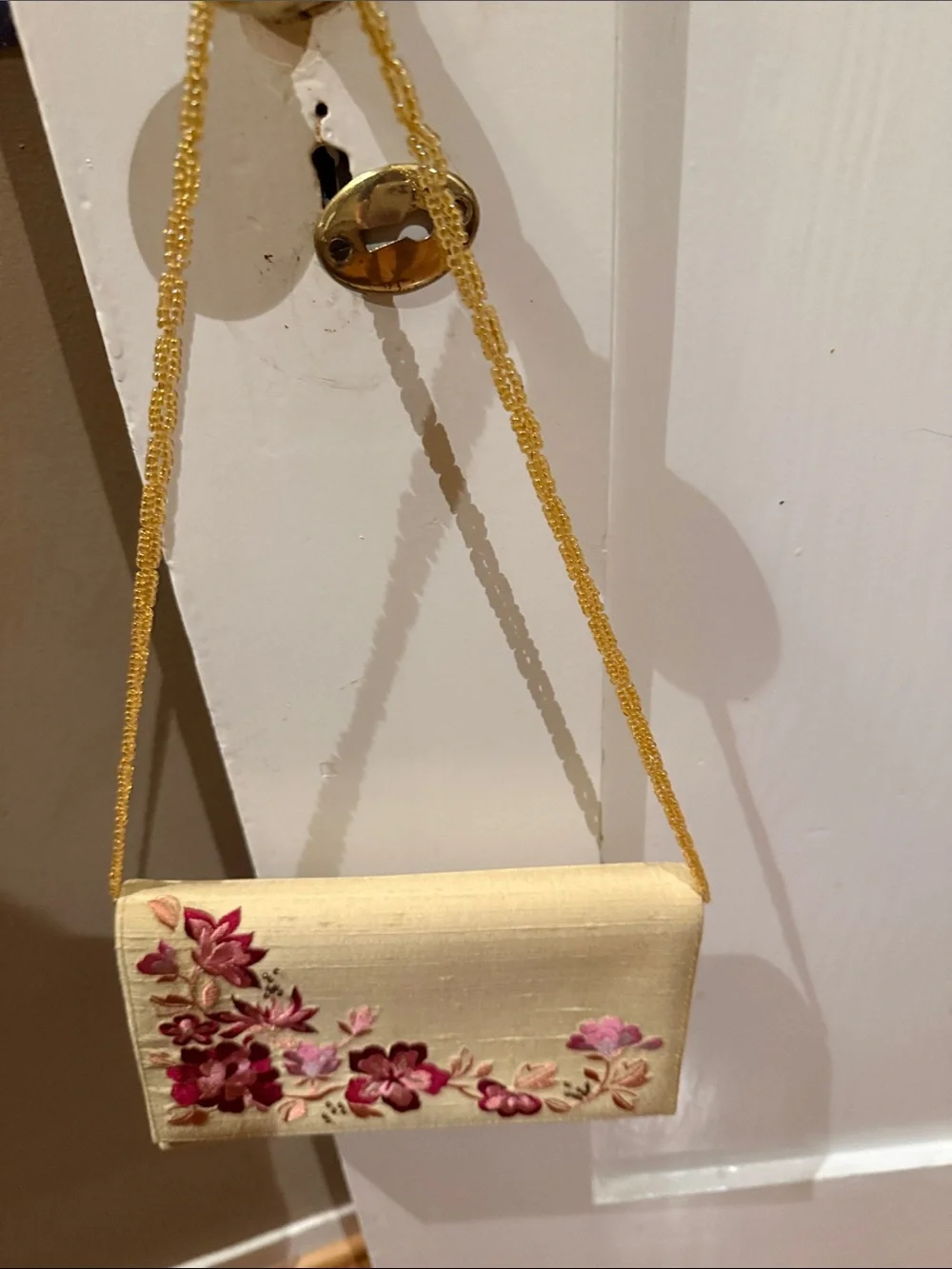 Embroidered Cream Evening Clutch with Pink Floral Accents